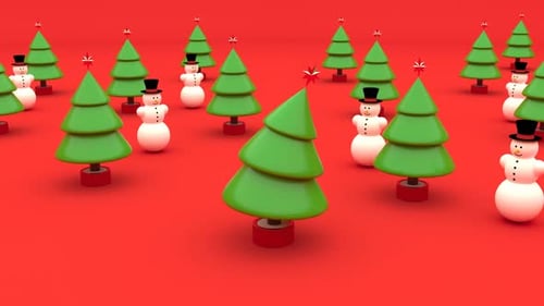 Cute Animated Christmas Trees and Snowmen Festive Scene