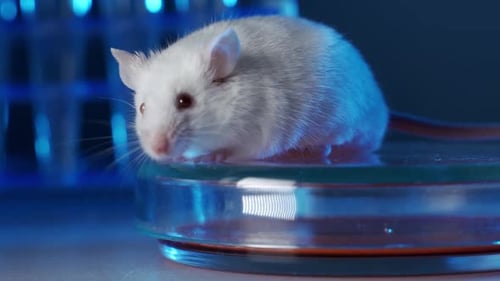 White Mouse Sits on Petri Dish in Laboratory