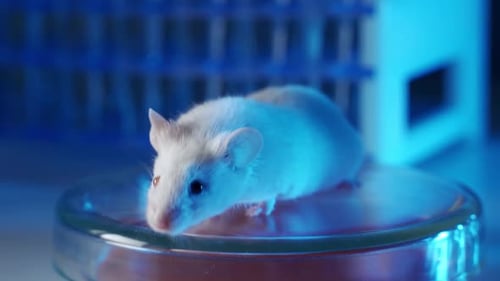 White Lab Mouse Explores Petri Dish in Laboratory