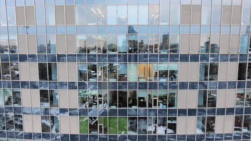 Street Reflection on Glass Steel Building Facade
