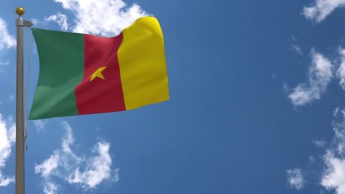 Cameroon Flag Waving in Blue Sky with Clouds
