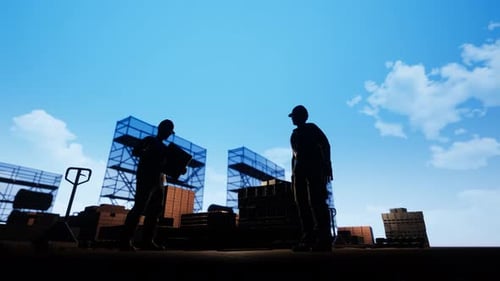 Construction Workers Silhouettes Discussing Plans on Site
