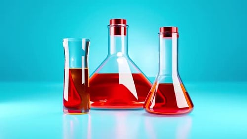 Animated Science Lab Flasks with Flowing Red Liquid