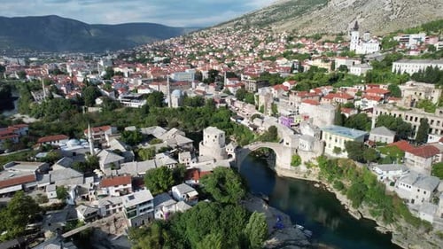 Aerial View of Mostar Bridge and City, Bosnia