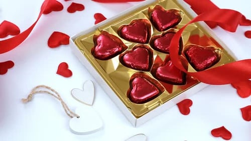 Heart Shaped Chocolates in Box With Ribbon and Hearts