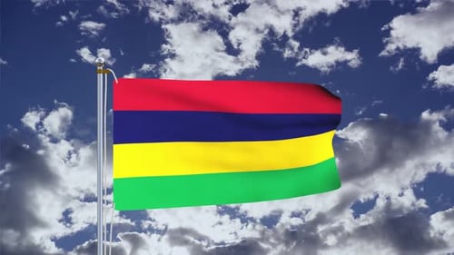 Realistic Mauritius National Flag Waving Against Blue Sky