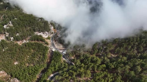 The car drives along the river aerial view 4 K