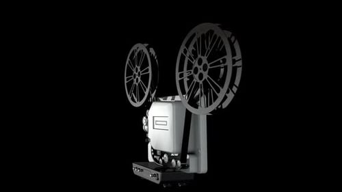 Animated Film Projector with Spinning Reels on Black Background