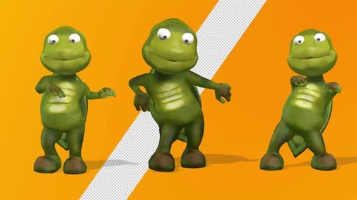 Three Animated Green Turtle Characters Dancing