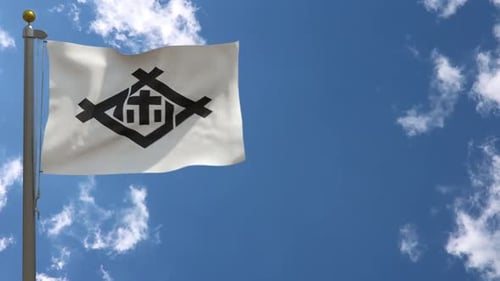 White Flag with Geometric Abstract Symbol Waving in Blue Sky