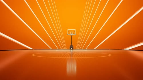 Basketball hoop in an orange gym. Colourful dynamic abstract surrounding. 4KHD