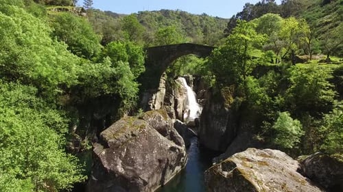 Picturesque Waterfall and Stone Bridge in Green Forest