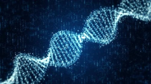 Animated Digital DNA Helix with Binary Data Flow Background