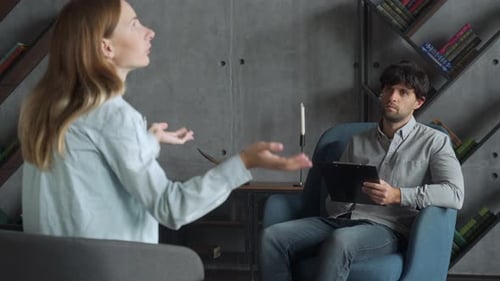 Positive Psychoanalyst Man Conversation with Female Patient in Office Room. People, Dialogue and