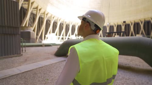 Ingenieur geht in den industriellen Kühlturm.