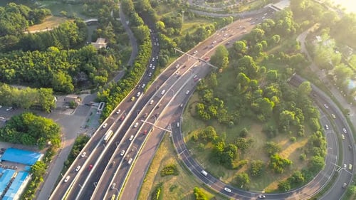 Aerial view of highway and overpass in city