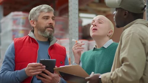 Female Manager Talking with Diverse Colleagues in Warehouse
