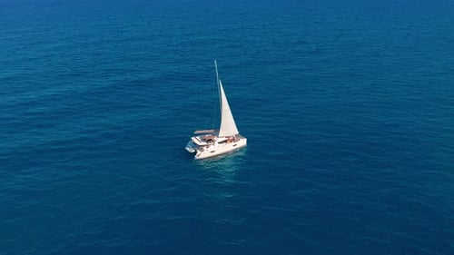 Catamaran Sailing on the Sea. Aerial Shoot of the Catamaran Sailing in the Wind.