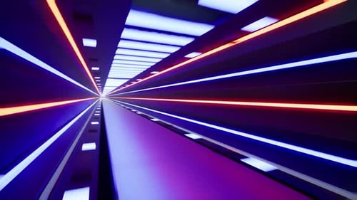Fliege in einen futuristischen Metallkorridor mit neonfarbenen Laserlinien 3