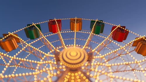 Fun Ferris wheel amusement ride, loopable carousel attraction. Carnival dusk. 4K