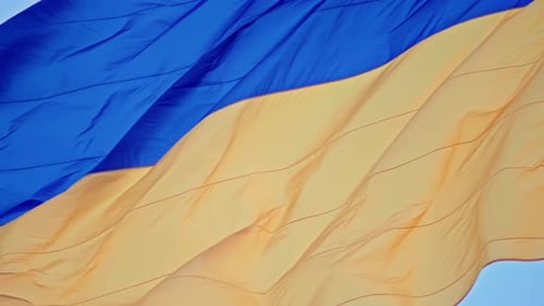 Vibrant Blue and Gold Flag Waving in the Wind