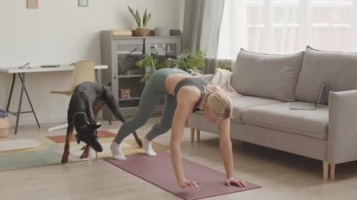 Woman Doing Yoga Next to Dog at Home