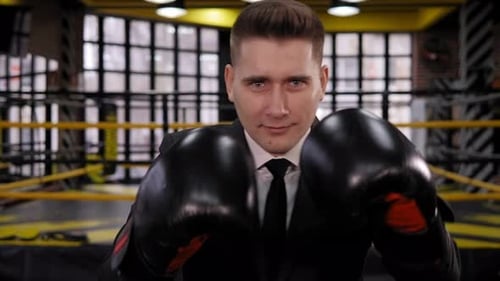 Man in Suit Wearing Boxing Gloves