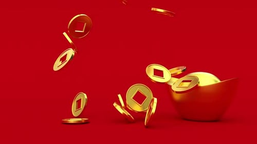 Golden Chinese Coins Falling onto Sycee on Red Background