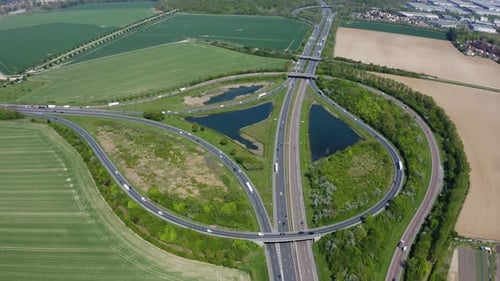 Aerial view of highway interchange.