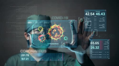 Doctor Touches Futuristic Screen Analyzing Coronavirus Data