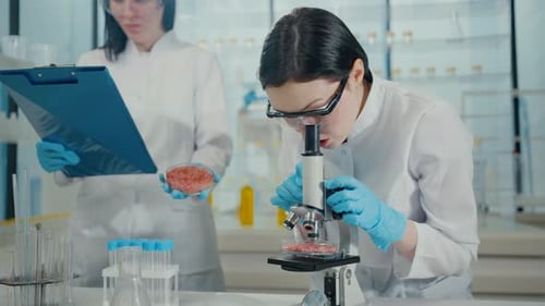 Female Scientist Examining Sample Under Microscope in Lab