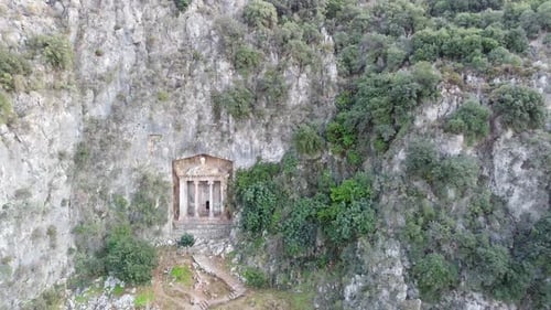 Archeological remains of the Lycian rock cut tombs in Fethiye, Turkey. Similar to Petra.