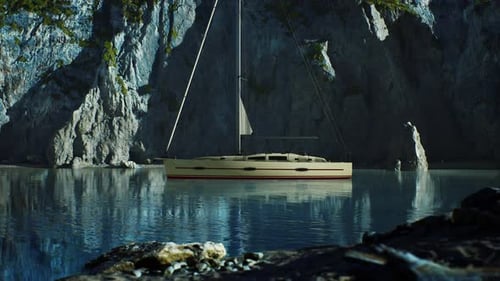 White Yacht Anchored in a Bay with Rocky Cliffs