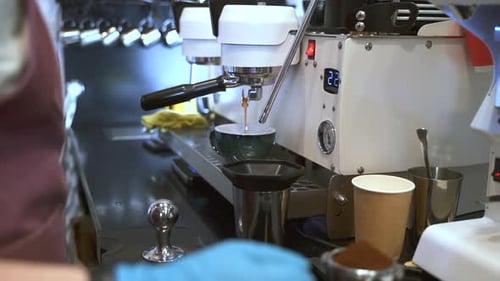 Coffee Barista Prepares Drink in Kettle in Professional Kitchen Spbas