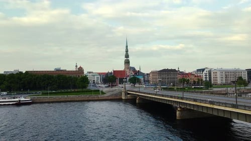 Beautiful View of the Bridge Over Daugava River and the City of Riga Latvia