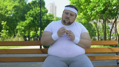 Fat Man Admiring Burger in Park, Addiction to Junk Food, Unhealthy Lifestyle