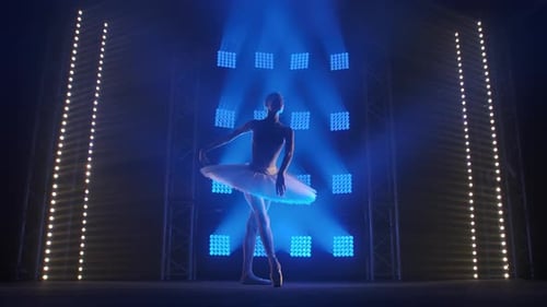 Young Graceful Ballerina Dances Elements of Classical Ballet on the Stage of the Theater Against the
