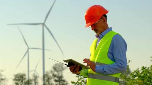 Wind Turbines and Foreman Holding Portable Radio and Tablet