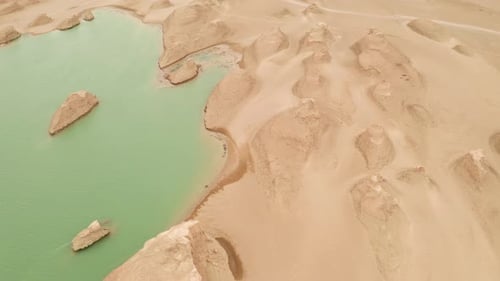 Desert Landscape with Turquoise Lake Aerial View