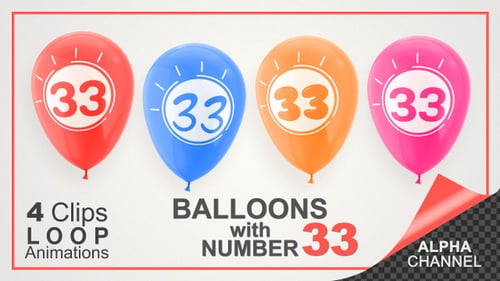 Floating Number 33 Balloons Animation with Alpha Channel