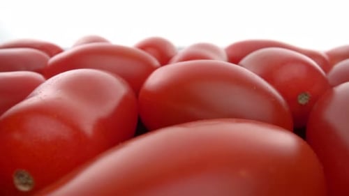 Reife rote biologische Tomaten in einer Reihe auf einer glatten Glasoberfläche