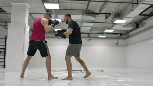 Der Trainer und der Kämpfer trainieren in Zeitlupe den Tritt im Sprungknie auf den Pfoten