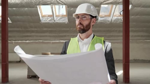 Arquiteto engenheiro atencioso examinando projeto em imóveis vazios