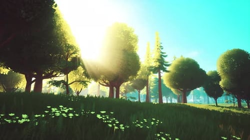 Cartoon Green Forest Landscape with Trees and Flowers