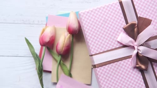 Top View of Mother Day Gift and Flower on Table