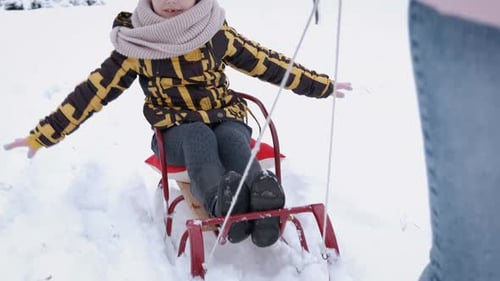 Child Enjoying Sled Ride in Snowy Winter Wonderland