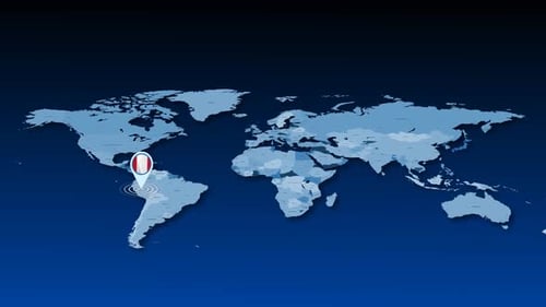 Animated World Map Locating Peru with Flag Pin