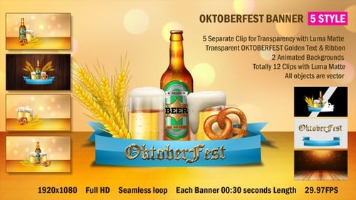 Animated Oktoberfest Banner with Beer Mugs, Bottle, and Pretzels