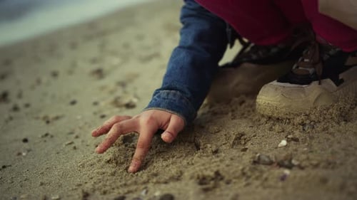 Child's Hand Touching Sand on the Beach