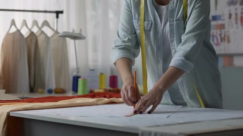 Clothes Designer Drawing Patterns from Clients Size, Workshop for Making Clothes